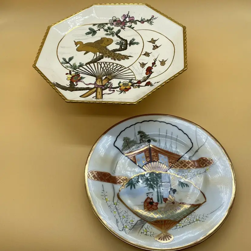 #5105 Antique Japanese porcelain plates  Fans Geisha peacock birds Gold Pedestal