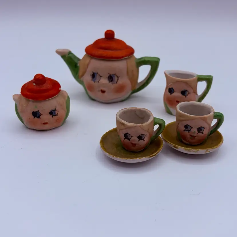 Antique Miniature Anthropomorphic Tea Set 1920s Japan Face Big Eyes Porcelain