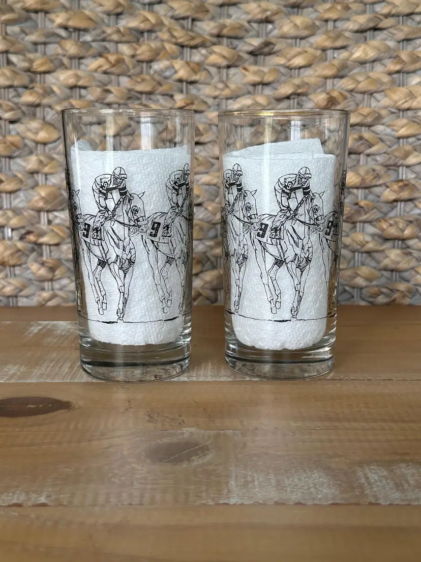 Vintage Set Of 2 Clear Glass Gold Rim Horseracing Glasses Tumblers 5.5”