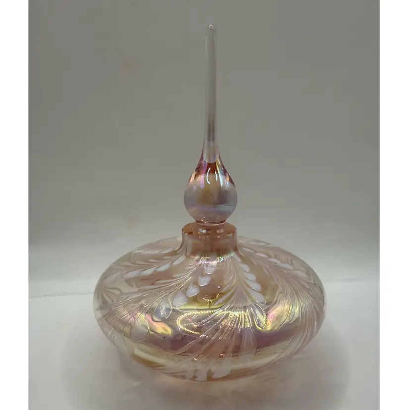 Pink Iridescent Feather Pulled Teardrop Dauber Perfume Bottle 5.5x4.25”