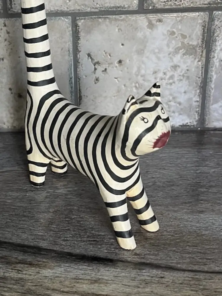 Vintage Wood Black & White Striped Folk Art Cat