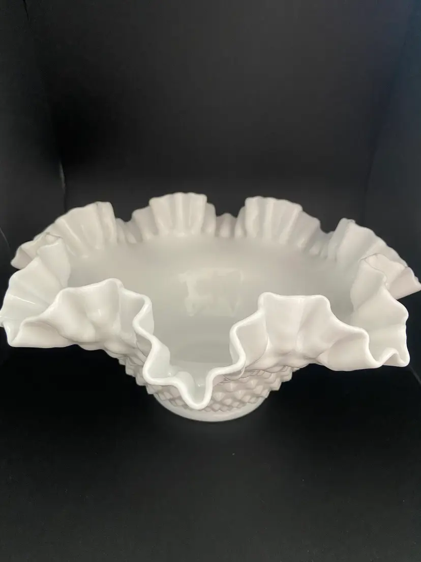 Fenton Hobnail White Milk Glass Ruffled Bowl, 10" Diameter