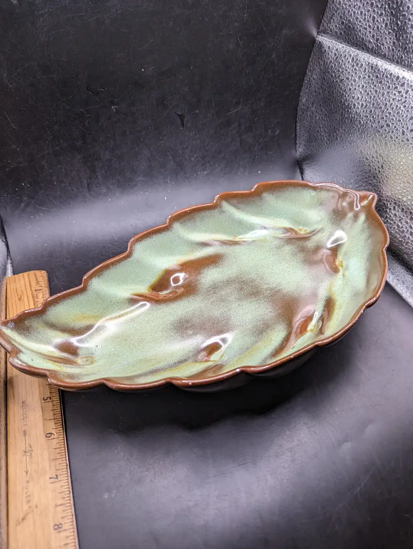 Vintage Frankoma Pottery Leaf Design #226 Green Brown Footed 12" Dish