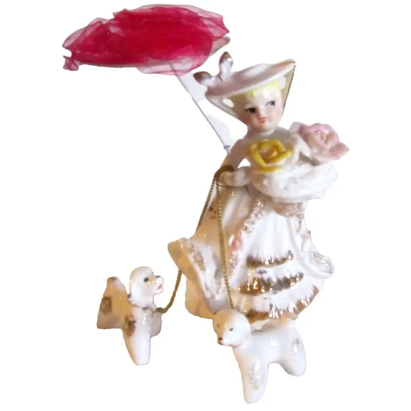 Vintage Lipper & Mann Porcelain Figurine - Victorian Lady With Umbrella & 2 Dogs