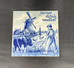 Delft Blue Royal Mosa Holland Decorative Tile Never Drink Water VTG