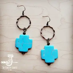Blue Turquoise Cross Earrings w/ Copper Hoop