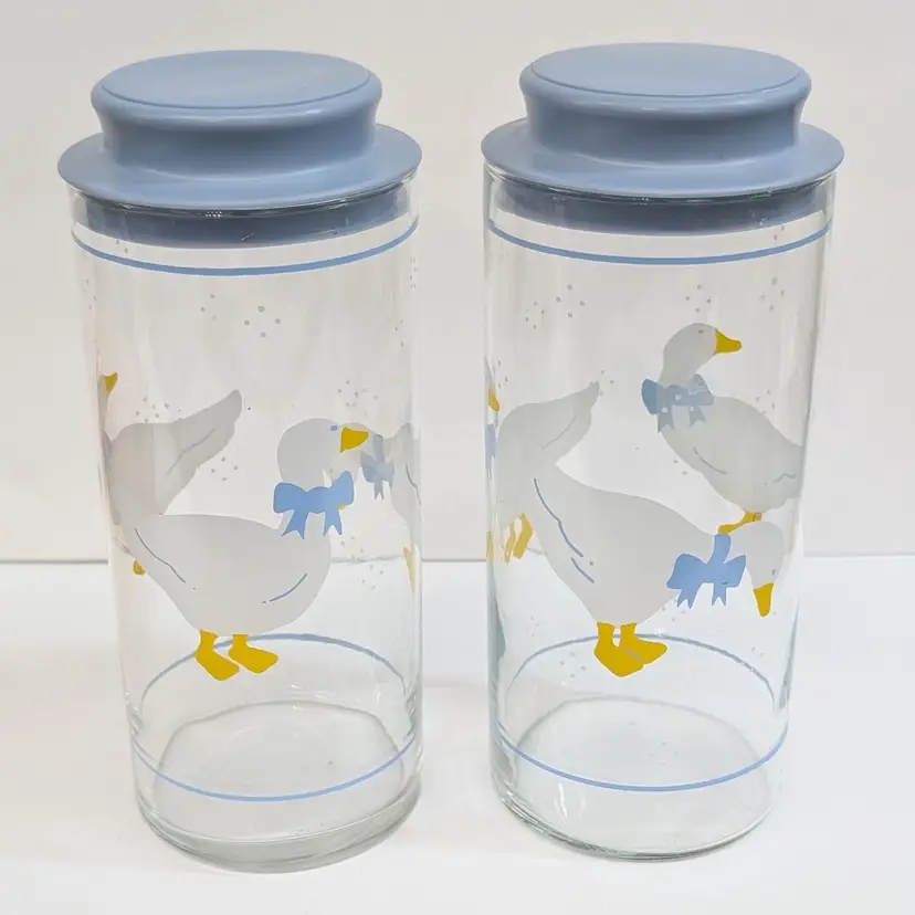 Vintage Libbey Clear Glass Canisters Country Geese Blue Ribbon Plastic Lid Jars