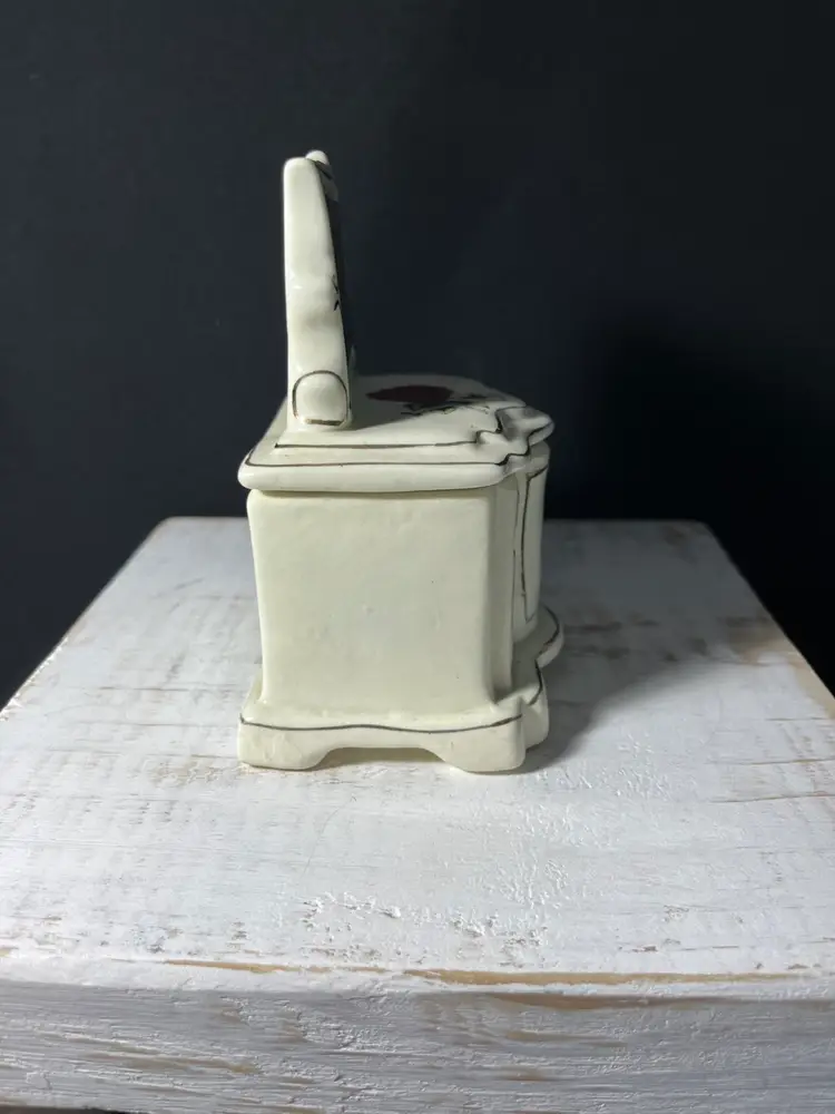 VTG Victorian Style Ceramic Vanity Trinket Box W/mirror- Ivory Colored W/Single Red Rose