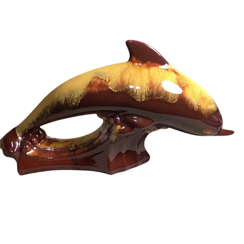 Harvest Gold Blue Mountain Pottery Dolphin 12.5” L X 7.5”T Some Crazing 1 Flea Bite On Tip Of Mouth