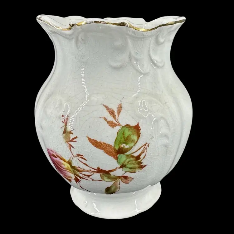 Ironstone Rose Vase Toothbrush Holder With Gold Luster Rim