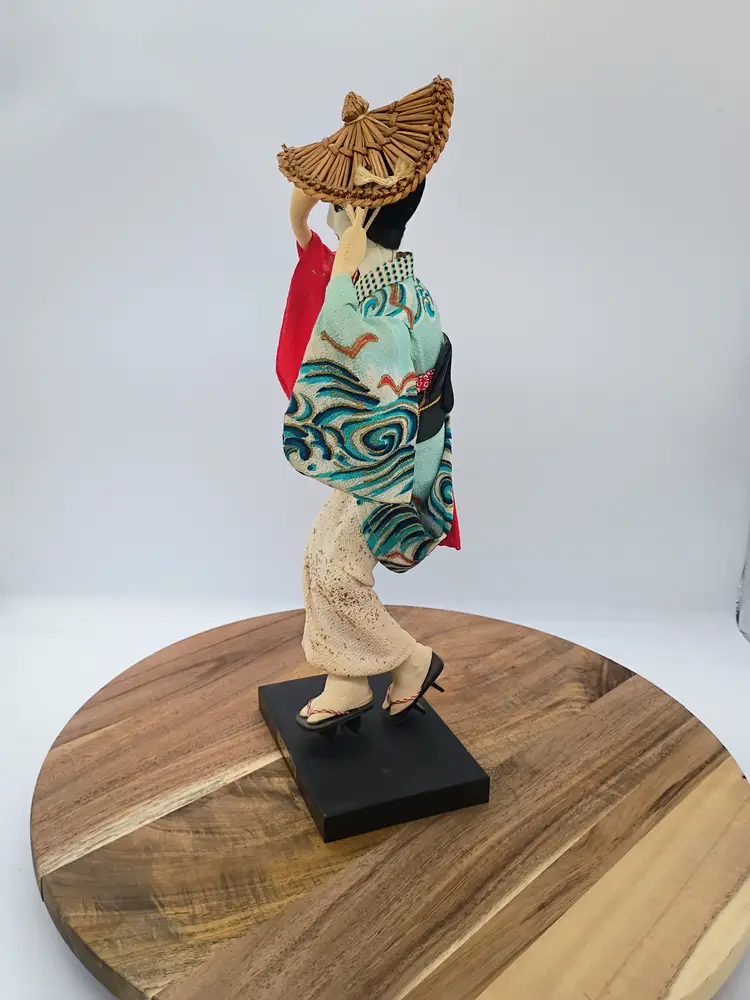 Large Japanese Geisha Standing Doll on Base Hand Painted Face Hand Sewn Kimono.