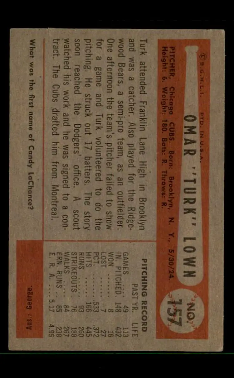 1954 Bowman #157 Turk Lown - (pk-tl3) - Chicago Cubs