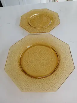 Vintage LE Smith Amber Crackle Glass,Hexagon shaped Plates(set of two)