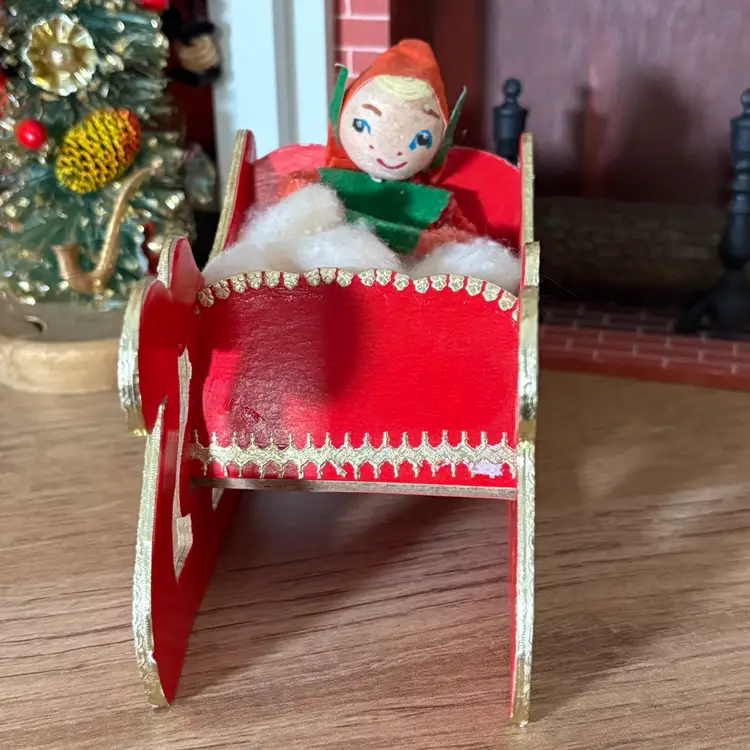 Vintage Christmas Sleigh Red Cardboard Pixie Elf Spun Cotton Japan
