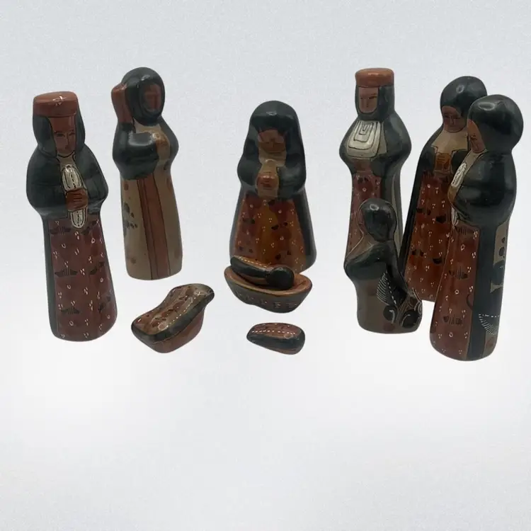 Vintage Tonala Mexican Folk Art Pottery 11 Piece Nativity Set