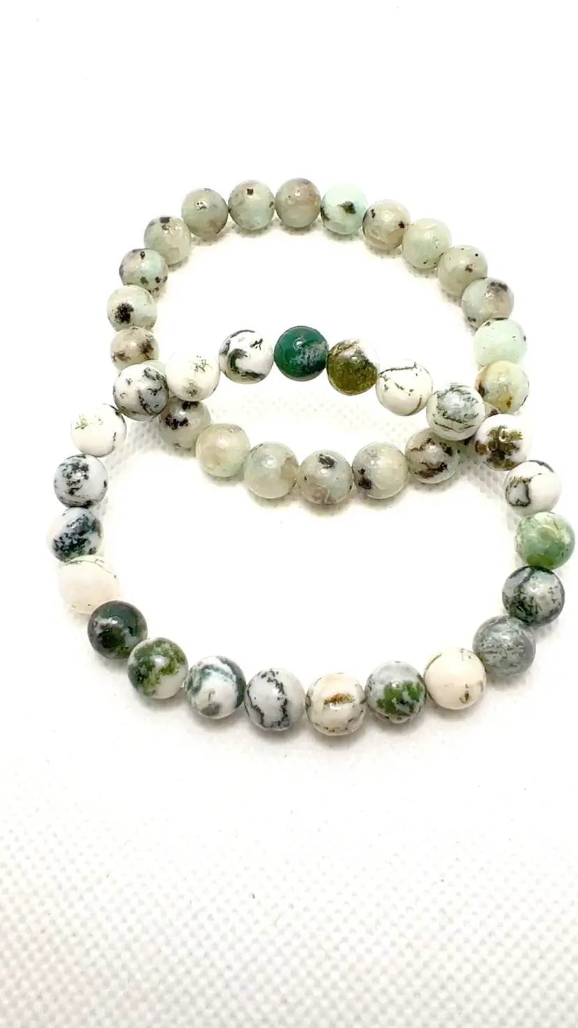 Moss Agate Green & White 8mm Beads.  7” Stretch Bracelet Jewelry