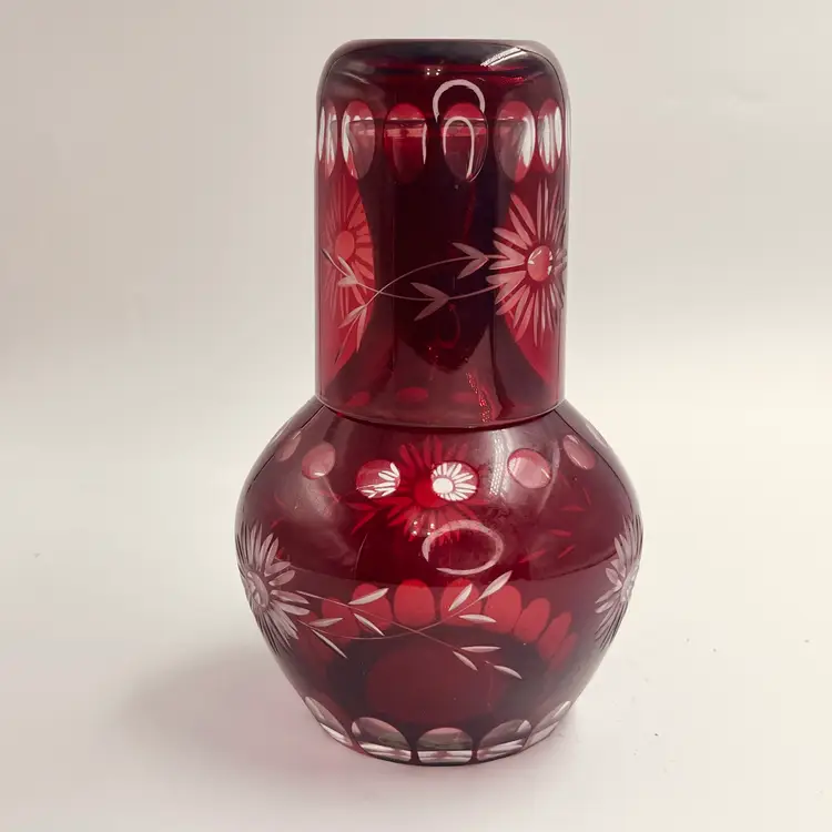 Vintage Bohemian Ruby Red Cut to Clear Glass Bedside Carafe and Tumbler Set - TumbleUp - Czech Floral Daisy Design, Cranberry Glass