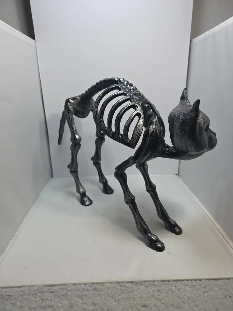 Skeleton Cat Halloween Decor Black Metal 17" Large Gothic Display
