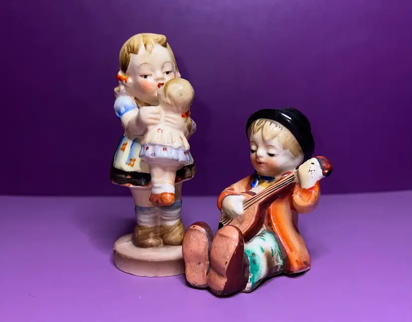 Vintage Japan Porcelain Girl With Doll And Boy With Mandolin Figurines