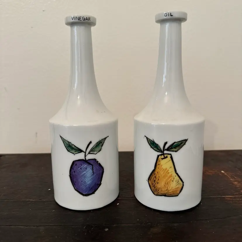 Long Neck Ceramic Oil and Vinegar Bottles Made In Japan Fruit Art