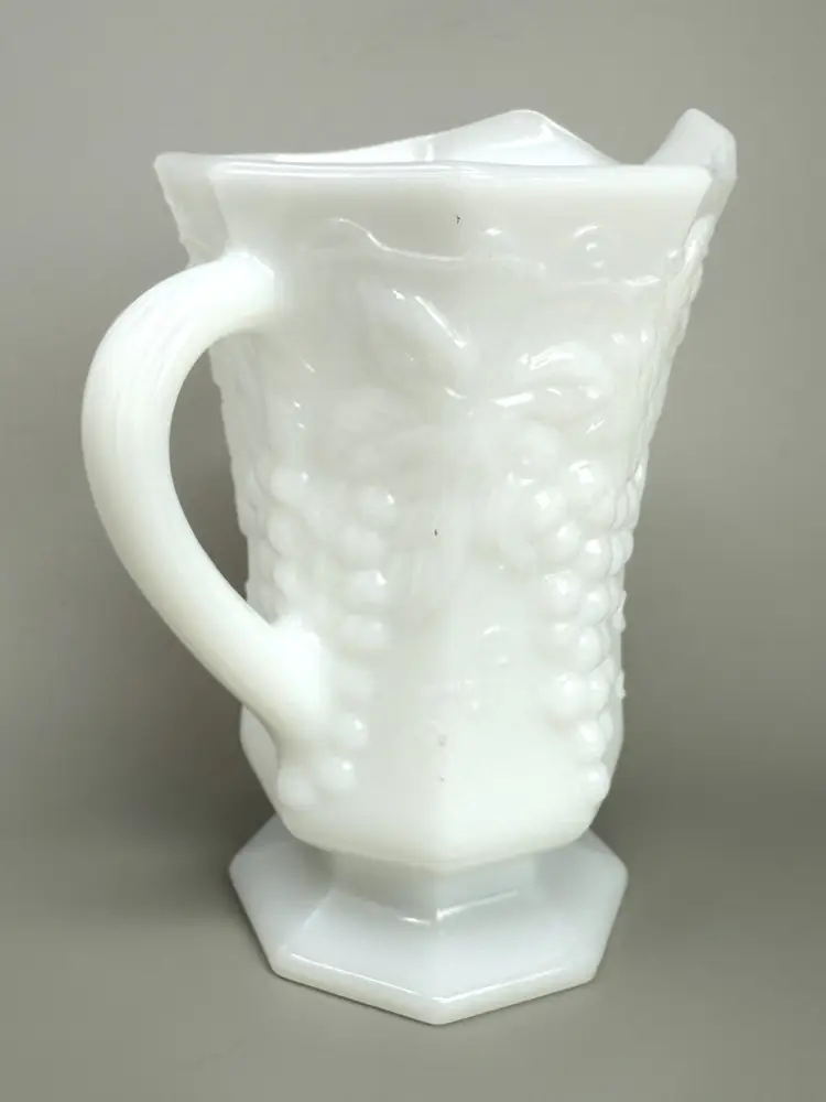 Indiana Glass Harvest Grape White Milk Glass Pitcher | Pedestal Cottagecore (0248-25)