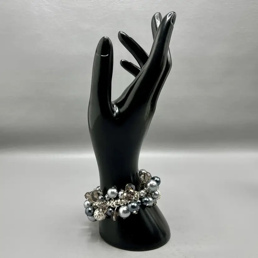 Premier Designs Silver Tone Bead Cluster Stretch Bracelet Faux Pearls Crystals