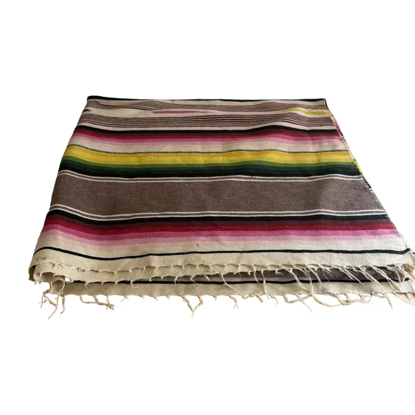 Vintage Wool Mexican Saltillo Serape Striped Blanket Fringe Blanket with flaws see pictures