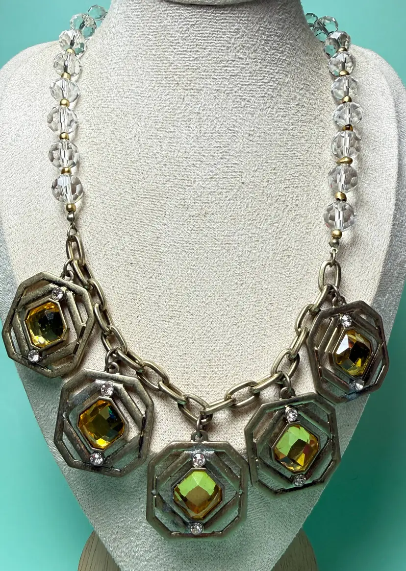 Lydell NYC 18" Chunky Statement Bib Necklace Faceted Glass Yellow Geometric Hex
