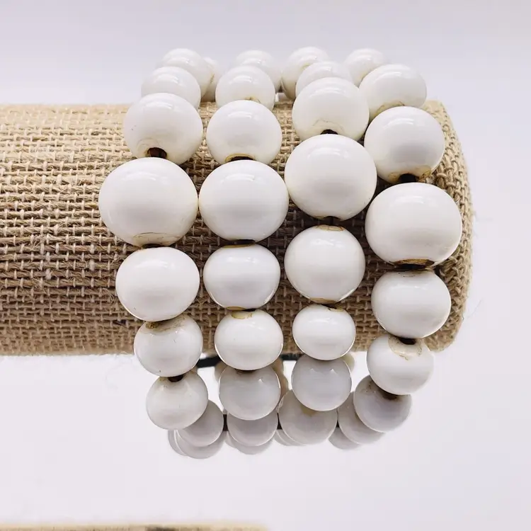 White Milk Glass Bead Cuff Bracelet Four Row Stretch Vintage Statement 11938