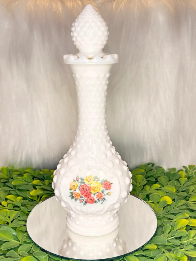 Vintage Avon White Hobnail Milk Glass Perfume Bottle W/Florals - Full Bottle