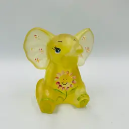 Hand Painted RARE Fenton Yellow Glass Elephant With Anthropomorphic Flower On Tummy