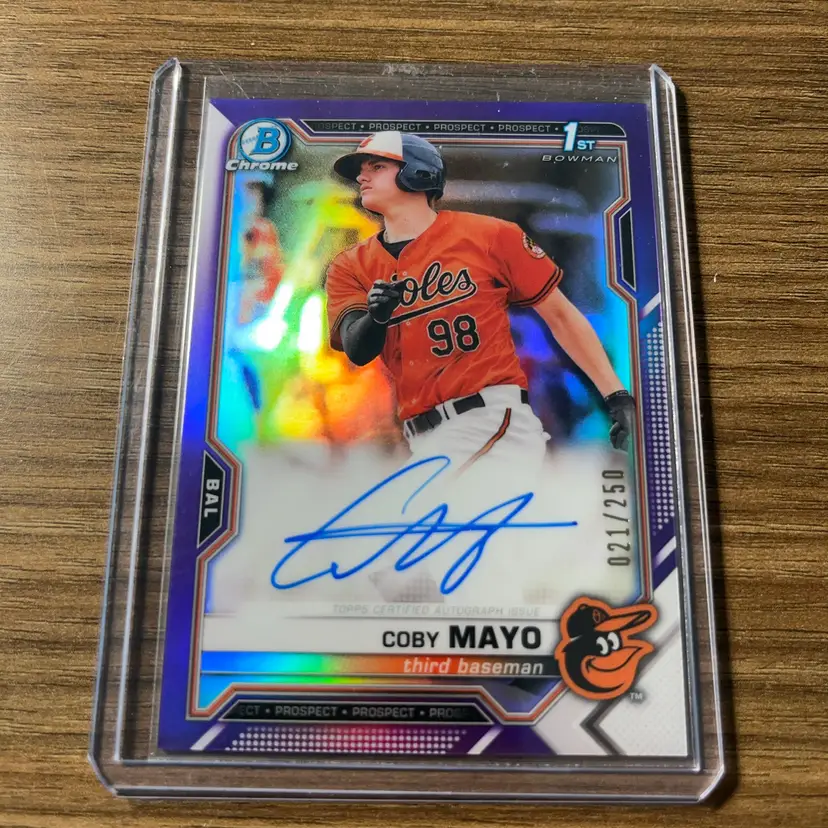 2021 Bowman Chrome. Coby Mayo First Bowman Auto. Purple /250. Baltimore Orioles