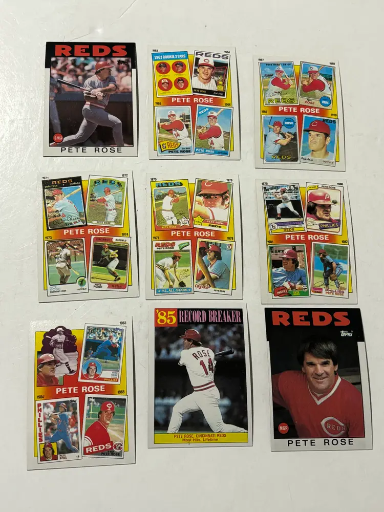 1986 Topps Pete Rose Cincinnati Reds Lot Of 9 Different Cards. 1, 2, 3, 4, 5 6, 7, 206, 741 EX