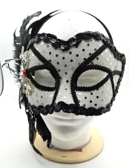 Beautiful Silver & Black Masquerade Eye Mask with Black Feathers