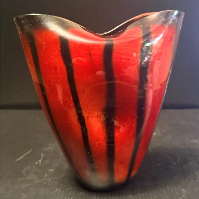 Vintage Bagni Italian Art Pottery Vase Red w/ Black Stripes, Alvino Bagni