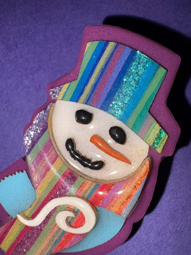 #01 Lucinda Vintage SNOWMAN Pin / Brooch  ~ ADORABLE Snowman with a Purple Background With MULTICOLORED Hat and Scarf ~ Ready to Have Some FUN in the SNOW! ☃️