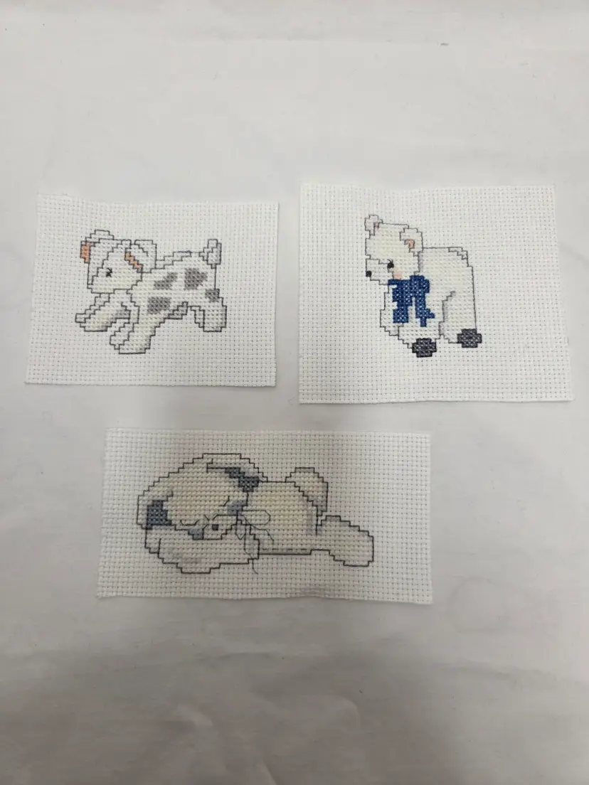 Lot of 3 New Handmade Finished Cross-stitched Pieces Stuffed Bunny, Bear and Puppy