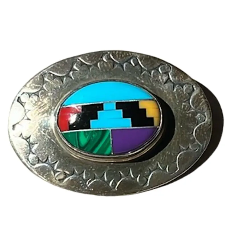 Multi Stone Turquoise Inlay Oval Southwest Brooch Pin Marked SS Sterling 