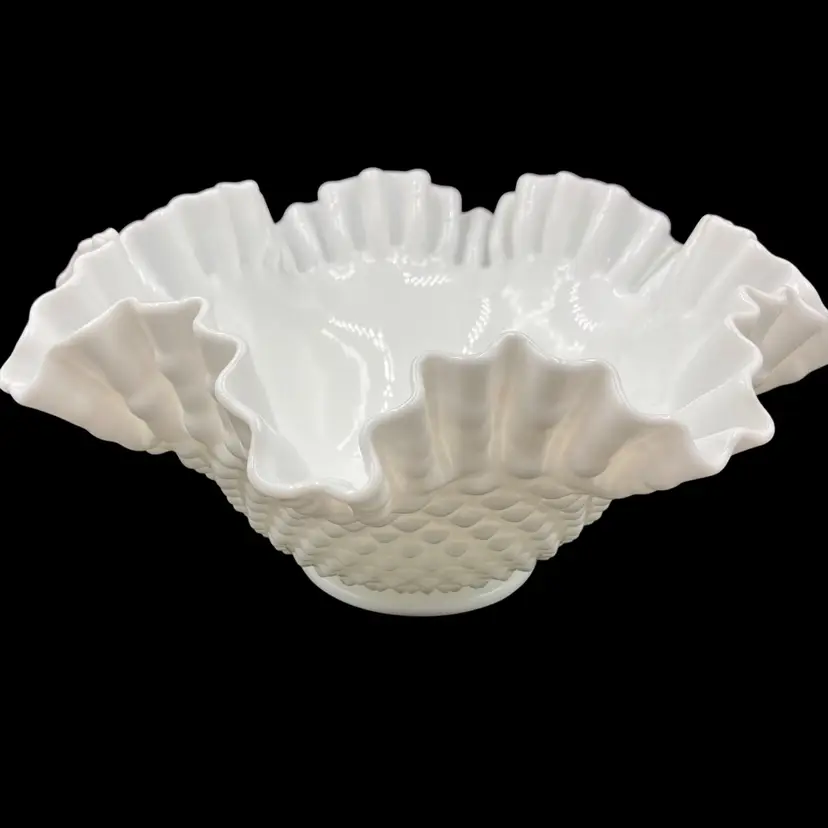 BIN - Vintage Fenton 10” Hobnail Milk Glass Ruffled Crimped Bowl