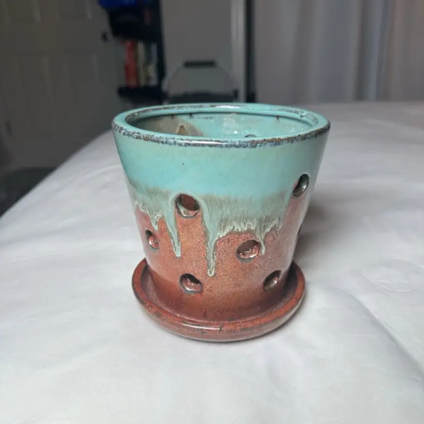 Allen & Roth Ceramic Orchid 6” Planter Glazed Brown & Turquoise