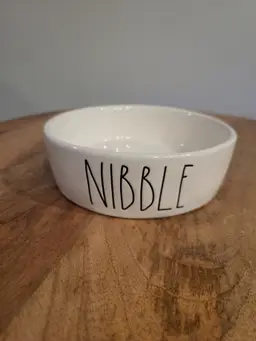 Rae Dunn NIBBLE Dog/Cat Food Water Bowl Dish Ceramic Ivory Black Farmhouse