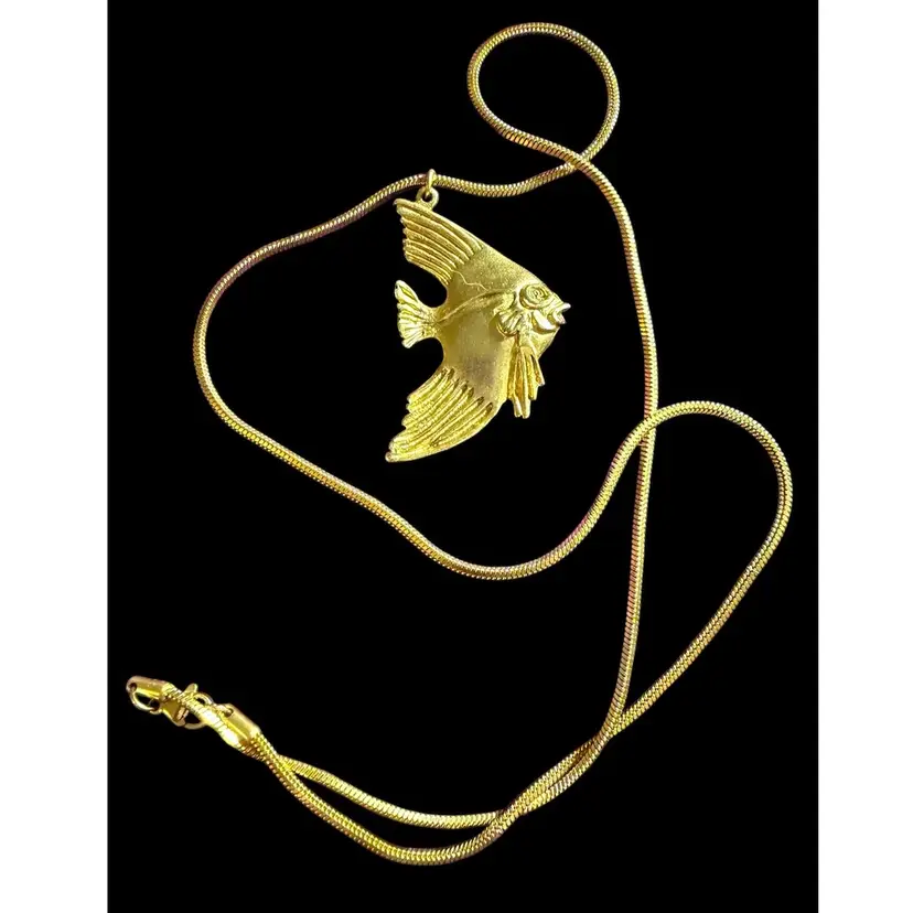 Vintage Gold Tone Fish Pendant  Necklace - 1.75” x 1.5” Pendant 22” Chain