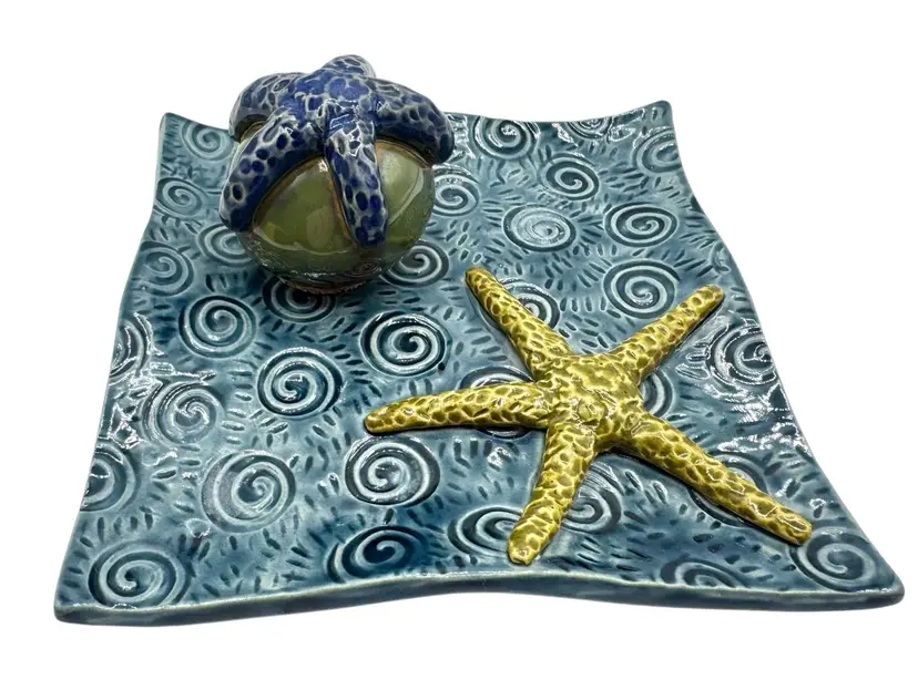 Handmade Studio Art Pottery Plate Tray Paperweight Set Starfish Sea Star Blue 6”