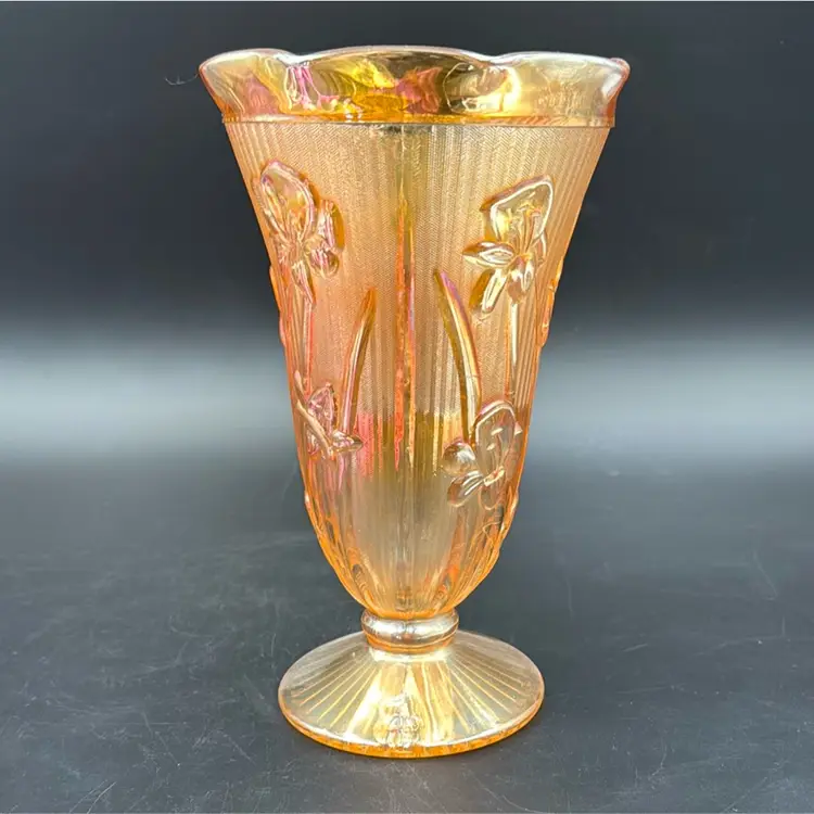 Jeanette Iris Herringbone Marigold Carnival Glass Footed Vase