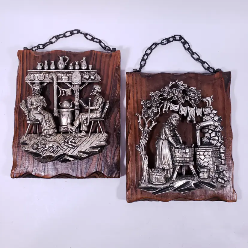 Vintage RURAL LIFE 3D Scene German Rustic Folk Art Wood Placque WALL DECOR SET