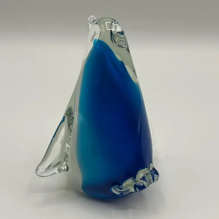 Blue White Cased Glass Penguin Paperweight Figurine