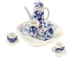 Handcrafted Thailand Blue White Porcelain  Flower Leaves Vintage Mini Tea Set