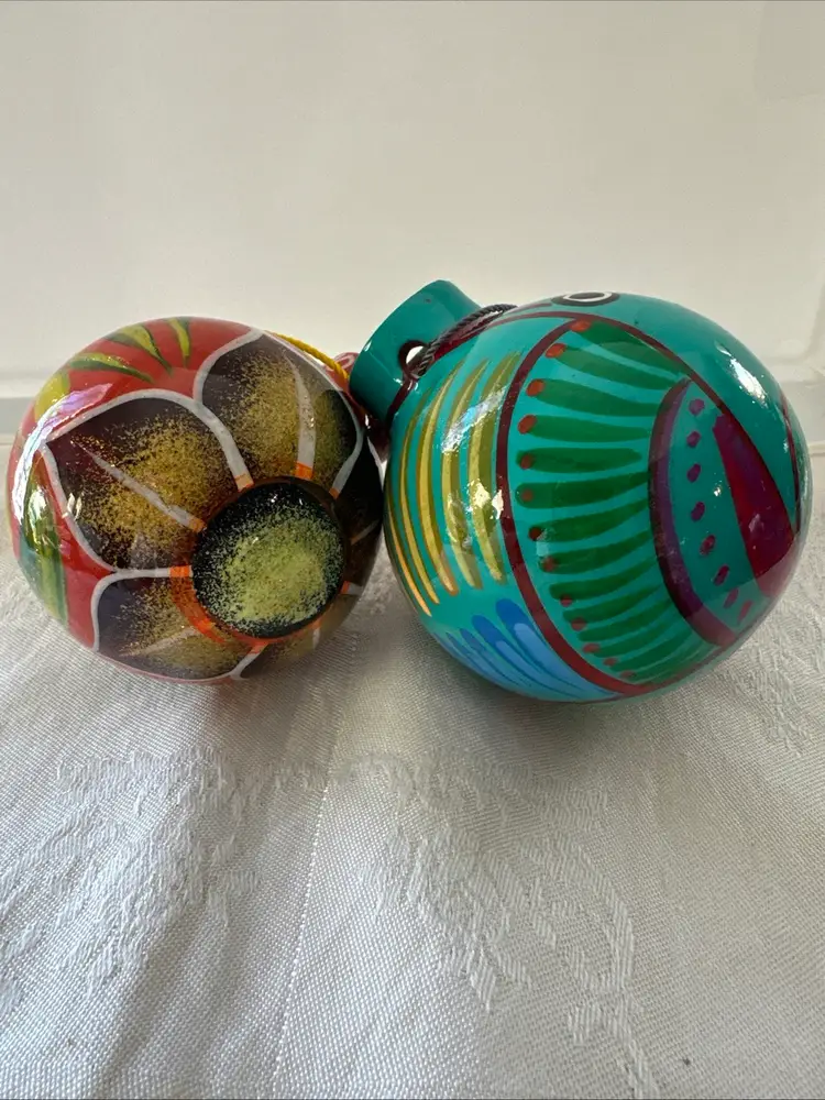 2- Talavera Christmas Balls Ornament Mexican Ceramic Folk Art Pottery Birds By