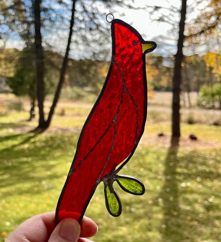 Vibrant Red Male Cardinal Bird Window Stainglass Art Heavenly Messenger Winter