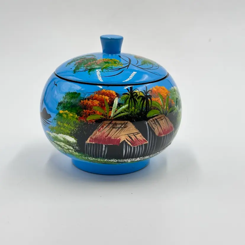 Asian Hand Painted Lacquerware Vintage Trinket Box Round Jar Bowl Wood With Lid